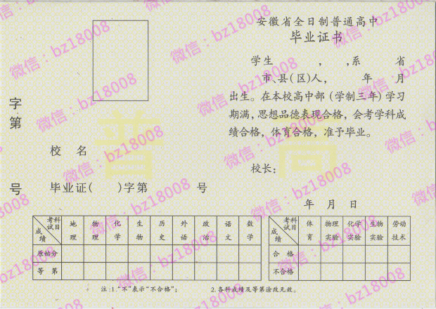 安庆市高中毕业证样本